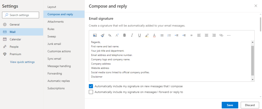 outlook add signature at bottom of email