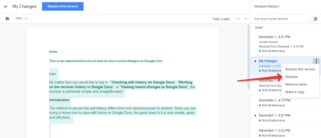 Rename edit history in Google Docs